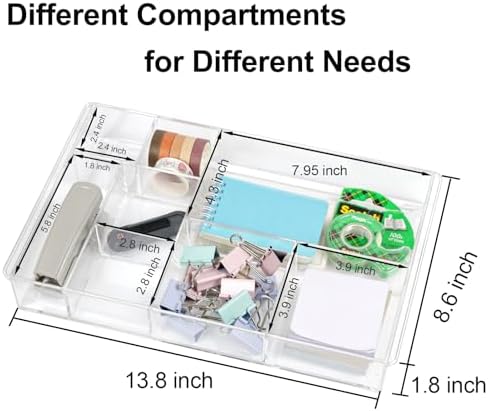 ZEXALOR 8-Section Clear Drawer Organizer, Large Acrylic Drawer Divider Tray for Desk,Bathroom,Office Makeup,Junk, Plastic Drawers Organizer 13.7" x 8.7" x 2" (8-Section)