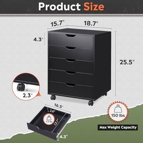 DEVAISE 5-Drawer Filing Cabinet, Under Desk file Cabinet, Black