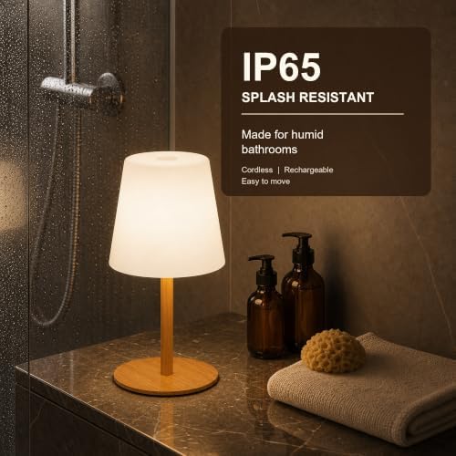 Rechargeable Cordless Table Lamp, IP65 Waterproof Touch Night Light with 4000mAh Battery, 3 Color Temperatures and Stepless Dimming for Bathroom, Nursery, Bedside and Skincare, Wood Grain