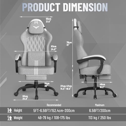 Ferghana Cotton Fabric Gaming Chair – Wider Seat Cushion, Diamond Double-Stitching, Ergonomic High Back with Footrest, Computer Gamer Chair Featuring Massage Lumbar Support for Adults (Gray/White)