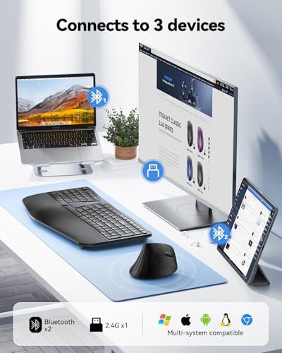 TECKNET Ergonomic Wireless Bluetooth Mouse, Silent Rechargeable Vertical Mouse(BT 5.0/5.0+2.4G), 5-Level 4800 DPI, 200H Long Battery Life, Quiet Clicks, 2.4GHz with USB A Receiver, Wide Compatibility