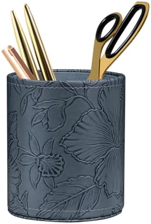 Round Leather Pen Holder for Desk, Desktop Organizer,(Navy Blue)