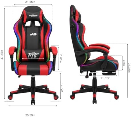 Redeer Led RGB Gaming Chair with Speakers Massage & Footrest, Reclining Gamer Chair for Adults, Video Game Chairs with Canopy, Heavy Duty Gaming Chair Massage, 350LBS RED