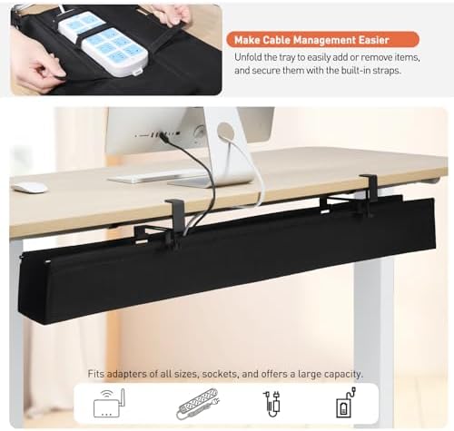 MAXECHO Under Desk Cable Management Tray 48" - Clamp on Wire and Cable Organizer for Storage and to Hide Cords - Ideal for Home Office - Premium Black Fabric Design