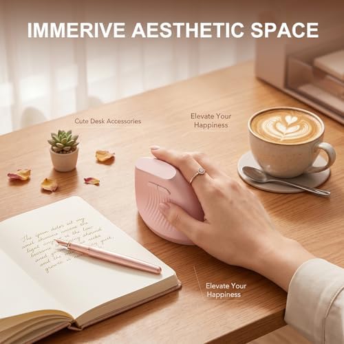 Ergonomic Wireless Vertical Mouse Pink, Bluetooth Mouse with BT5.0/4.0 & 2.4G+USB-C Adapter, Rechargeable Silent, 4 Adjustable DPI Levels, Multi-Device Computer for MacBook, Laptop, PC, Home Office