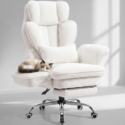 GTPLAYER Big and Tall Office Chair Flip Armrests Criss Cross Desk Chair with Pocket Spring Cushion & Ergonomic Lumbar Support for Lower Back Pain Relief Wide Seat Comfy Teddy Fleece,White