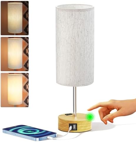 KPQ Bedside Lamp Touch Control Table Lamp with USB A+C Charging Ports & AC Outlet 3-Way Dimmable Nightstand Lamp with Linen Fabric Shade (Beige Shade-Wood Base, 14" Small Size Touch Control)
