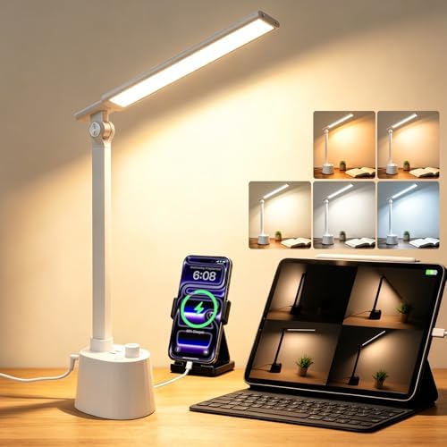 BOHON Small Desk Lamp with USB C Charging Port 5 Colors Stepless Dim White