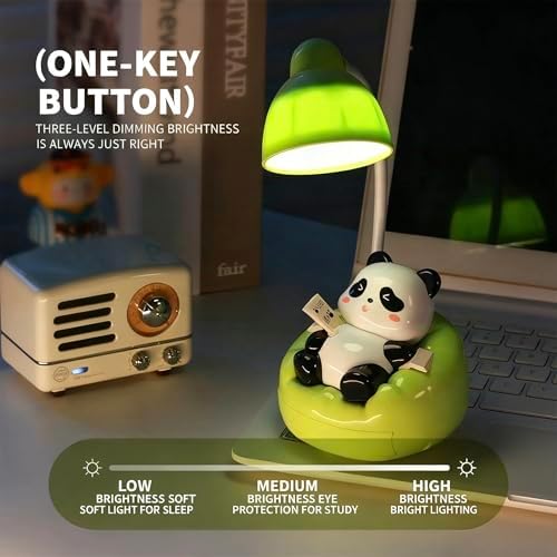 Cute Panda Night Light with Phone Stand & Storage, Rechargeable Bedside Lamp, 3-Level Touch Control Adjustable, LED Desk Lamp with USB for Bedroom Study Room, Boys Girls Gift (Green)