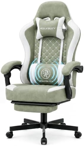Office Desk Computer Gaming Chair for Adults, Ergonomic High Back Gamer Chair with Massage and Pocket Spring Cushion, Swivel Comfy Video Game Chairs with Footrest and Lumbar Support (Green White)