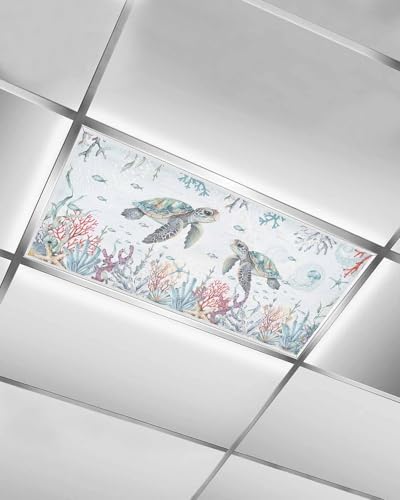 Watercolor Turtle Magnetic Fluorescent Light Covers for Ceiling Lights 2 x 4 Feet,Coastal Coral Seaweed Vintage Blue Office Classroom Kitchen Drop Ceiling Light Covers Filters Shade Panel 1 Pack