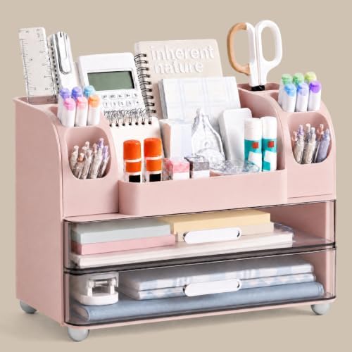 HBlife Desk Organizer with Pencil Pen Holder for Desk, Pen Organizer with 2 Drawers, Desk Organizers and Accessories with Compartments, Desktop Storage for Office, Home, School, Art Supplies, Pink