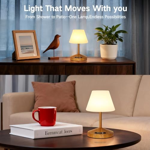 OUTON Rechargeable LED Shower & Table Lamp, Waterproof, USB Output, Stepless Dimming, 3 Colors, Power Indicator, Memory Function, Battery Operated Light for Home, Bathroom, Patio & Outdoor (Wood)