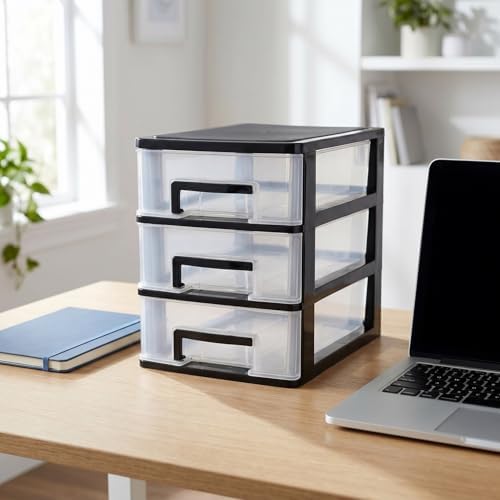Angoily 3 Tier Plastic Drawer Type Closet, Plastic Home Office Storage Organizer, Makeup Organizer Storage Station Cube, Cosmetics Jewelry Storage Box for Home, Dorm, Office (8.46x5.90x5.12 Inch)
