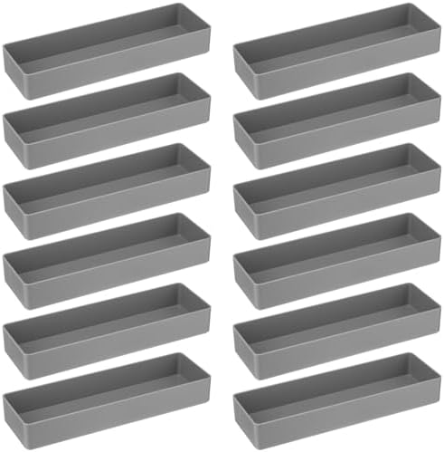 Teling 12 Pcs Grey Plastic Desk Drawer Organizer Pen Tray Shallow