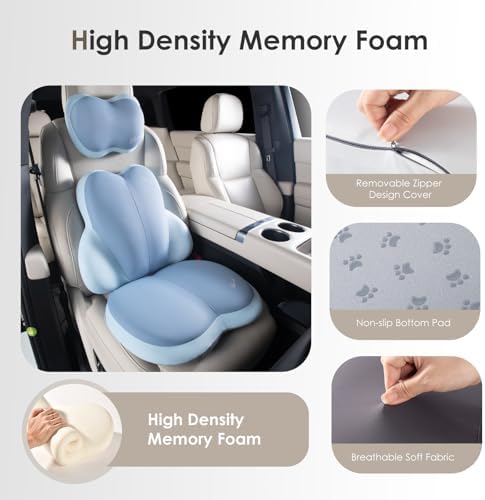 FLORICH 3 PCS Seat Cushion for Carseat Lumbar Support Pillow Car Neck Headrest Pillows Ultrathick Memory Foam Seat Pads Pressure Relief Back Cushion for Office Chair(Blue)