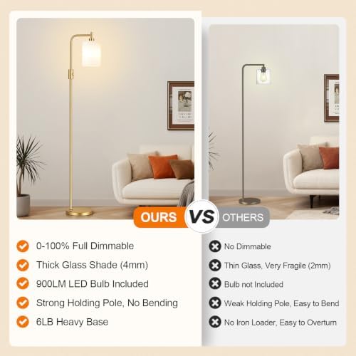 【Upgraded】 Dimmable Floor Lamp for Living Room with Opal Glass Lamphade, Gold Modern Glass Floor Lamp with 900LM LED Bulb Included, Arc Standing Tall Lamp for Bedroom, Office, Reading Room, Corner