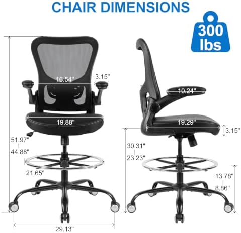 Drafting Chair Tall Office Chair 300lbs Ergonomic Standing Desk Chair with Lumbar Support and Adjustable Footrest Ring, Comfy Mesh Rolling Chair with Flip-up Armrests, Black