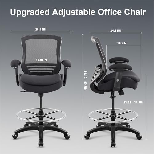 400lbs Office Drafting Chair Wide Dual Seat Cushion for High Standing Desk with Lumbar Support and Enlarged Adjustable Footrest-Black