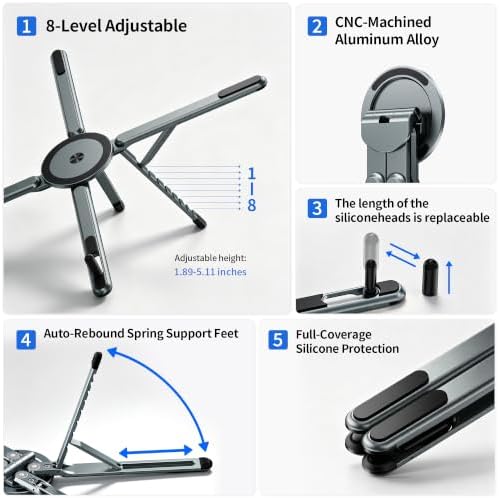 Portable Laptop Stand, 3-in-1 Magnetic Foldable Adjustable, for Desk（Gray）