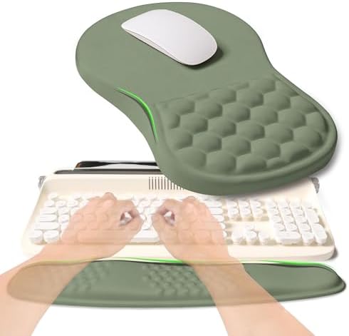 2-in-1 Ergonomic Set, Wave Rise Keyboard Wrist Rest and Massage Bulge Slope Mouse Pad Wrist Support, Cushion Memory Foam Integrated to Relieve Wrist Pain, Olive Green