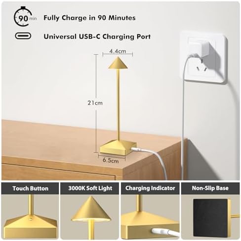 3 Pack Small Gold Rechargeable Cordless Table Lamps Dimmable