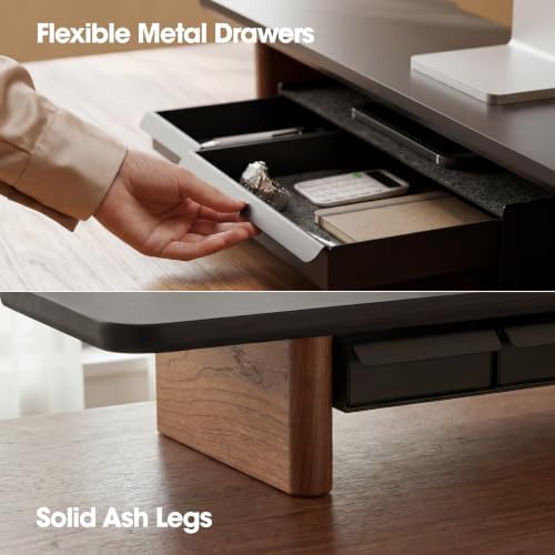 Fenge Modular Dual Monitor Stand Riser with Solid Ash Wood Leg, 42.5" Black