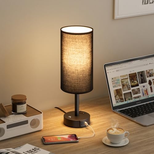 Black Touch Bedside Lamp for Bedroom, Stepless Dimmable, USB A+C, AC Outlet