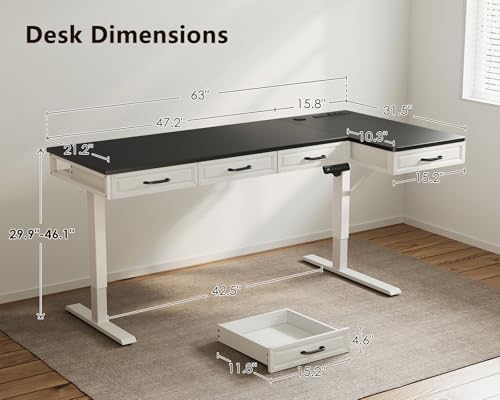 OffiGo 63 Inch L Shaped Standing Desk with 4 Wooden Drawers, White+Black