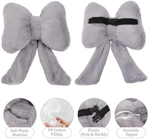Bow Car Headrest Pillows Plush Car Neck Pillows for Travel Driving Office Chair Head Support Cushions, Also Cute Car Decor Accessories (2PCS Grey)