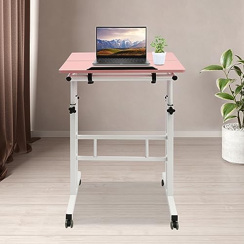 Mobile Stand up Desk, Portable Rolling Desk Laptop Cart, Height Adjustable Table, Small Adjustable Standing Desk with Wheels Home Office Workstation, for Computer Desk, Study Desk (Pink)