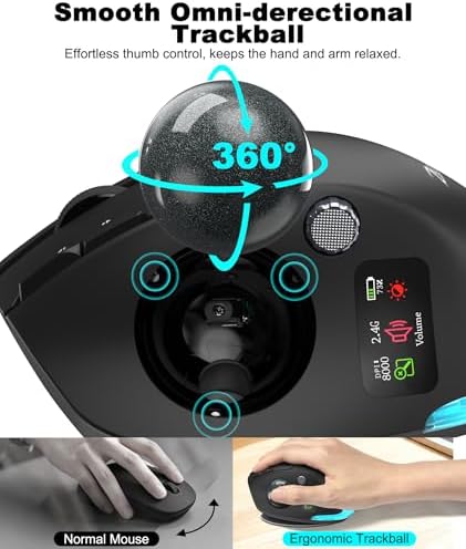 TRELC Wireless Trackball Mouse with Knob Control & LCD Screen, Ergonomic Rechargeable Thumb Control Mice with Tilt Stand, 8000 DPI, Silent Programmable Mouse for 3 Devices, PC, Laptop, Tablet (Black)