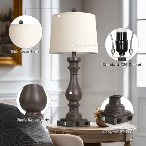 Cinkeda 29" Tall Farmhouse Table Lamp for Living Room Set of 2,Vintage Retro Nightstand Lamps with USB C+A Ports & AC Outlet,3-Way Dimmable Touch Bedside Lamp for Bedroom End Table,Earthy Tone