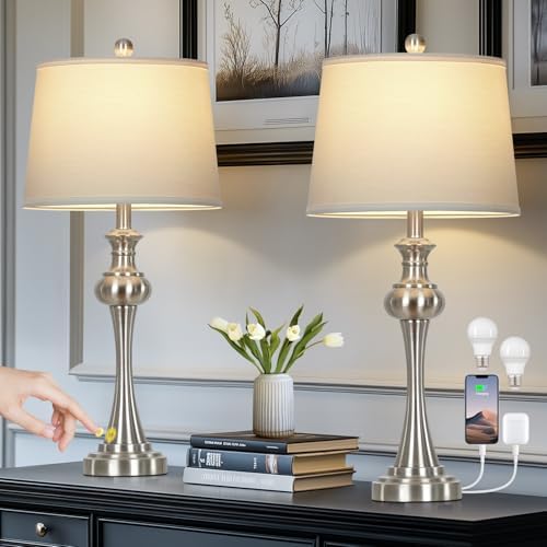 Cinyirong 28.75" Silver Table Lamps for Living Room,Touch Lamps for Bedrooms Set of 2 - Nightstand Table Lamp with USB C+A, 3 Way Dimmable Bedside Lamps End Tables Brushed Nickel