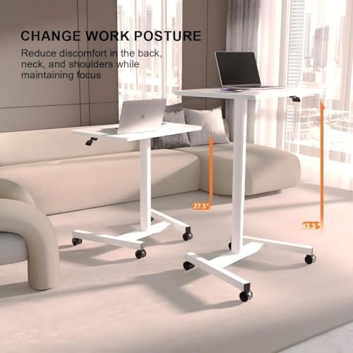 28-Inch Mobile Standing Desk, Computer Workstations with Cup Holder, Portable Standing Desk with Lockable Wheels, Rolling Table for Home Office Classroom Hospital (White)