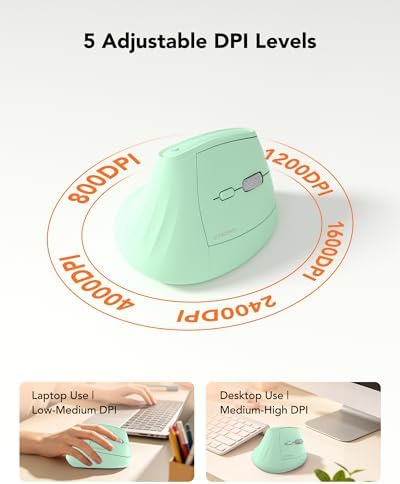 KYSONA Ergonomic Mouse Wireless, Bluetooth Vertical Mouse, 5-Level Adjustable DPI, 2.4G Silent Switch Mice for Windows, MacOS, IPadOS, Laptop, PC, Green