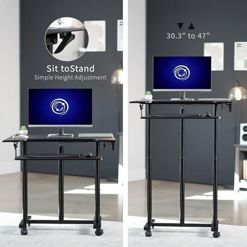 VIVO Mobile Height Adjustable Table, Stand Up Desk Cart with Sliding Keyboard Tray, Computer Workstation, Rolling Presentation Cart, Black, CART-V06A