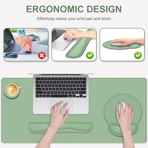 4 PCS Mouse Pad Desk Mat Protector, Keyboard Wrist Rest + Comfortable Mouse Pad with Wrist Rest +Coaster, Large Gaming Mousepad for Computer Laptop, 35.4" X15.7" Deskpad for Office Home I Sage Green
