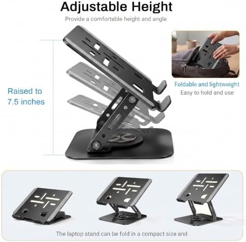 360°Rotating Laptop Stand, Ergonomic Adjustable Foldable Notebook Riser, Metal Computer Holder Compatible with 10-17.3" Laptops, Desktop Printer Stand, for Home & Office (Black)