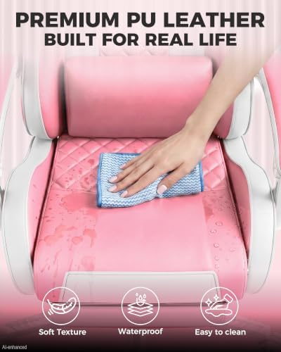LUCKRACER Gaming Chair with Pocket Spring Cushion and Footrest, PU Leather 90°-155° Reclining Computer Chair, 4.5" Height Adjustment, Ergonomic Office Chair with Lumbar Support, Pink