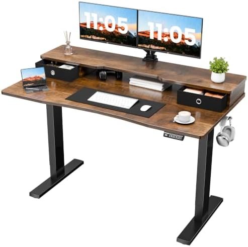 Realbear 55x26 Inch Electric Standing Desk with Drawers, Rustic Walnut