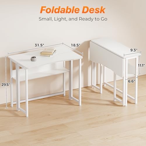 Huuger Folding Desk with Storage Shelf, 31.5 Inch Foldable Computer Table