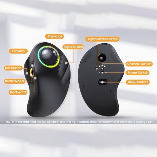 JOMAA Wireless Bluetooth Computer Trackball Mouse with RGB Backlight,Finger Control, 3 Device Switch, Silent Rechargeable Ergonomic Drawing Office Mouse for Laptop, Desktop Computer, Tablet Phone