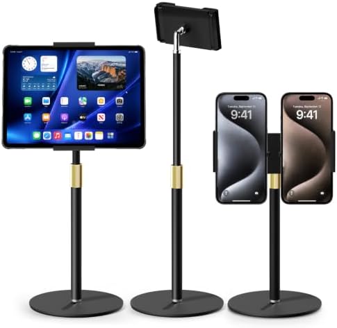 Tablet Stand for Desk, Height Adjustable 9.8-20" iPad Stand Holder with Dual Device Support, Heavy Duty Metal Base 360° Rotation Portable Monitor Stand for iPad Pro Samsung Tab Kindle Phone
