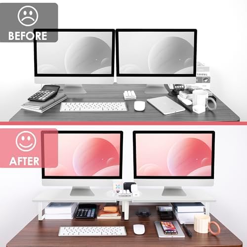 Across-Star Dual-Monitor Stand for Desk - Large Adjustable Length and Angle Riser for 2 Monitors, Double Computer Desktop Organizer, Shelf for TV, Laptop, Printer