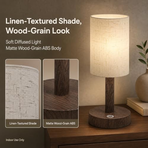 Small Rechargeable Cordless Table Lamp, Nightstand to Desk, Dark Walnut