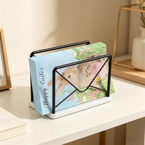 Modern Mail Holder for Home Office, Metal Letter Organizer Sorter for Desk, Cutout Mail Envelope Design, Bill Filling Paper Document Rack, Envelope Storage Rack with Marble Base (Black)