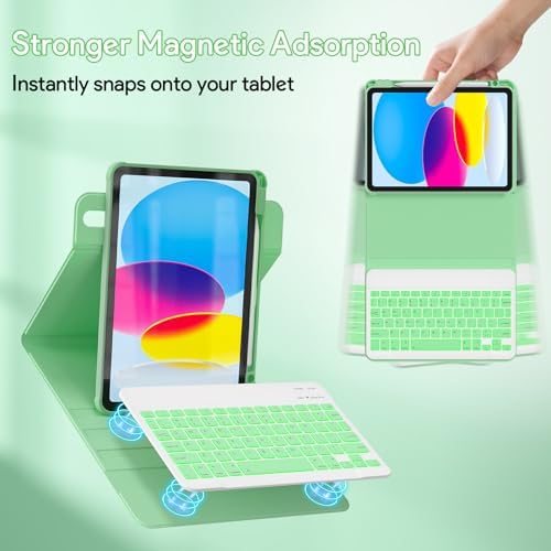 YBING Keyboard Case for iPad 10th Gen 10.9 inch(2022) & 11th Gen(A16, 2025), 7-Color Backlit Detachable Keypad & Rotatable Magnetic Case with Pencil Holder (Green)
