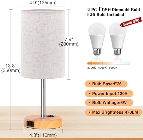 ZJOJO Wood Grain Table Lamp Set of 2 for Bedroom,Flaxen Fabric Shade, 13.8"