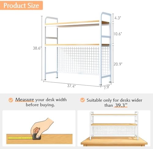 IOTXY 2-Tier Desktop Hutch Bookshelf, Metal Desk Shelf, White, 37.4" W